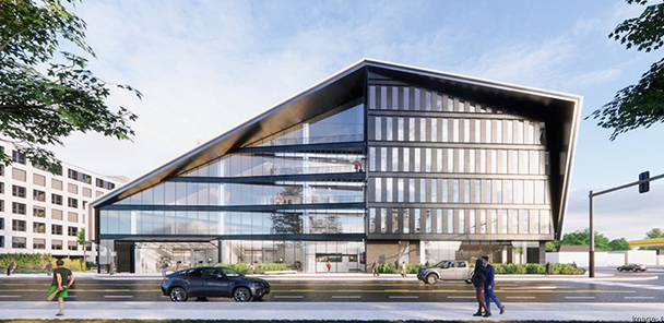 Rendering of a glass-sided building with a dramatic angular roofline.